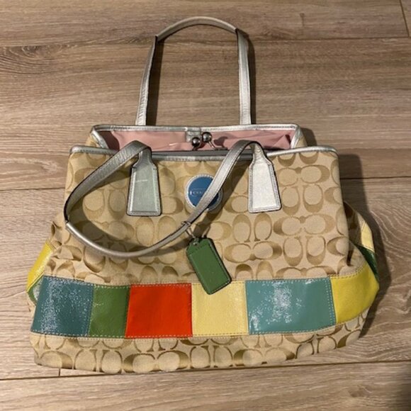Coach #F17444 Khaki Monogram Canvas Multicolor Leather Stripe Doctors Bag Purse - Picture 1 of 12